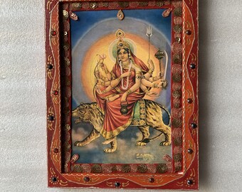 Chandraghanta Durga Mata Photo, Indian Goddess Deity Vintage Painted Photo Frame, Wooden Hindu Religious God Deity Holy Photos-8.5x11.5"