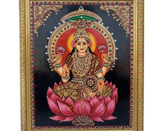 Lakshmi Tanjore Painting, Goddess Lakshmi, Laxmi Handmade Embossed Indian Painting with Wooden Frame for Wall Room Decor, Gift Items-16x20"