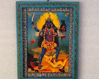 Picture Frame Kali, Vintage Indian Hindu Goddess Photos, Indian Deity Religious Photo, Wall art, Wall Decor Painted Frame - 9 x 12&quot;