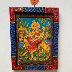 Vintage Painted Wooden Durga Mata Photo Frame: Hindu Religious Art (9x12 Inch)