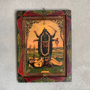 Vintage Maha Kali Photo Frame: Hand-Painted Hindu Goddess Wall Decor (9x12&quot;)