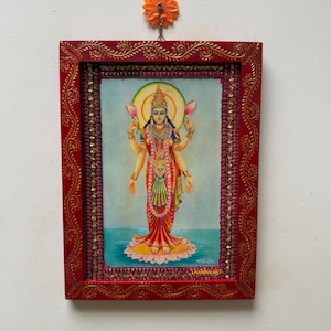 Lakshmi Vintage Photo, Laxmi Mata Vintage Picture Frame, Indian Gods Deity Photo, Religious Collectibles Photo Wooden Painted frame- 9 x 12"