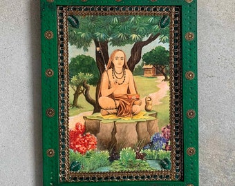 Hindu Religious Photo, Saint Adi Shankaracharya, Vintage Indian Religious Sadhu Mahatma Frame,Wooden Indian Painted Handmade Frame-8.5x11.5"