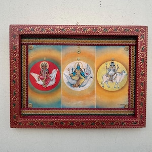 India Gods Old Frame, Goddess Trikal : Brahmani - Vaishnavi - Rudrani Photo, Hindu God Religious art work handmade photo frame - 9 x 12 inch