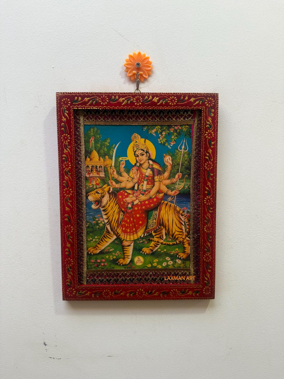 Vintage Durga Mata Picture Frame: Hindu Religious Art Painted Wooden ...