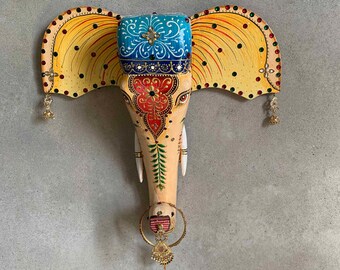 Elephant statue Wall Decor, Handpainted Jewellery work decorative Elephant head figurine showpiece wall hanging sculpture