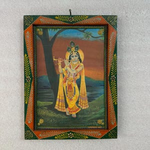 Vintage Krishna Photo with Hand-Painted Wooden Frame - Indian Deity Wall Art (9x12)
