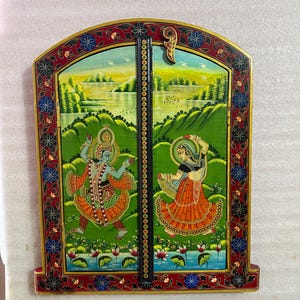 Vintage Radha Krishna Hand-Painted Window: Indian Wooden Wall Art