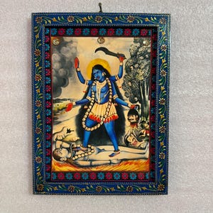 Vintage Kali Shiva Art: Hindu Goddess Photo in Hand-Painted Frame
