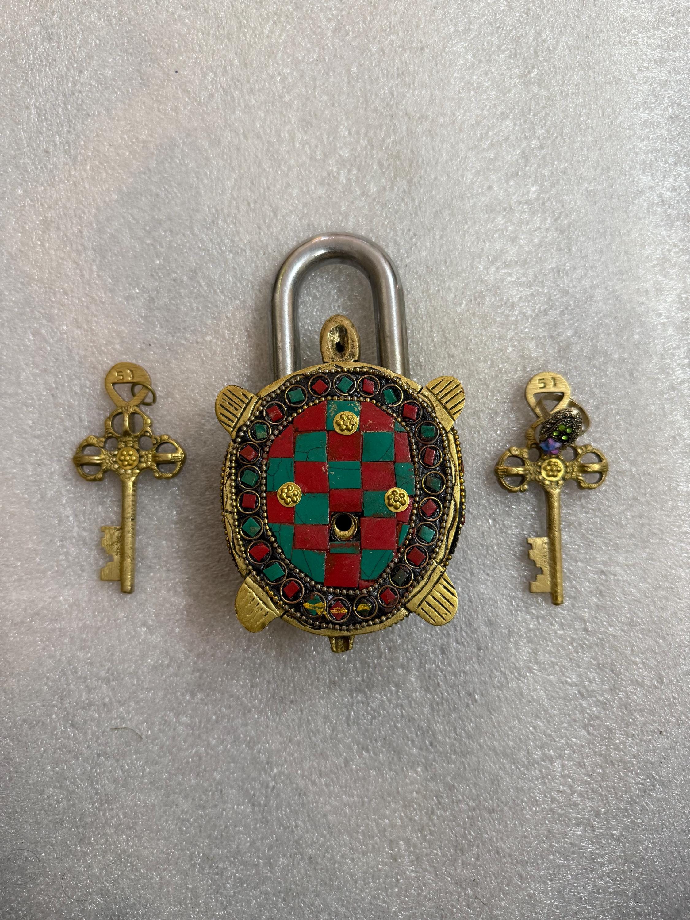 Vintage Brass Turtle Lock: Indian Stone Work Padlock With Keys - Etsy