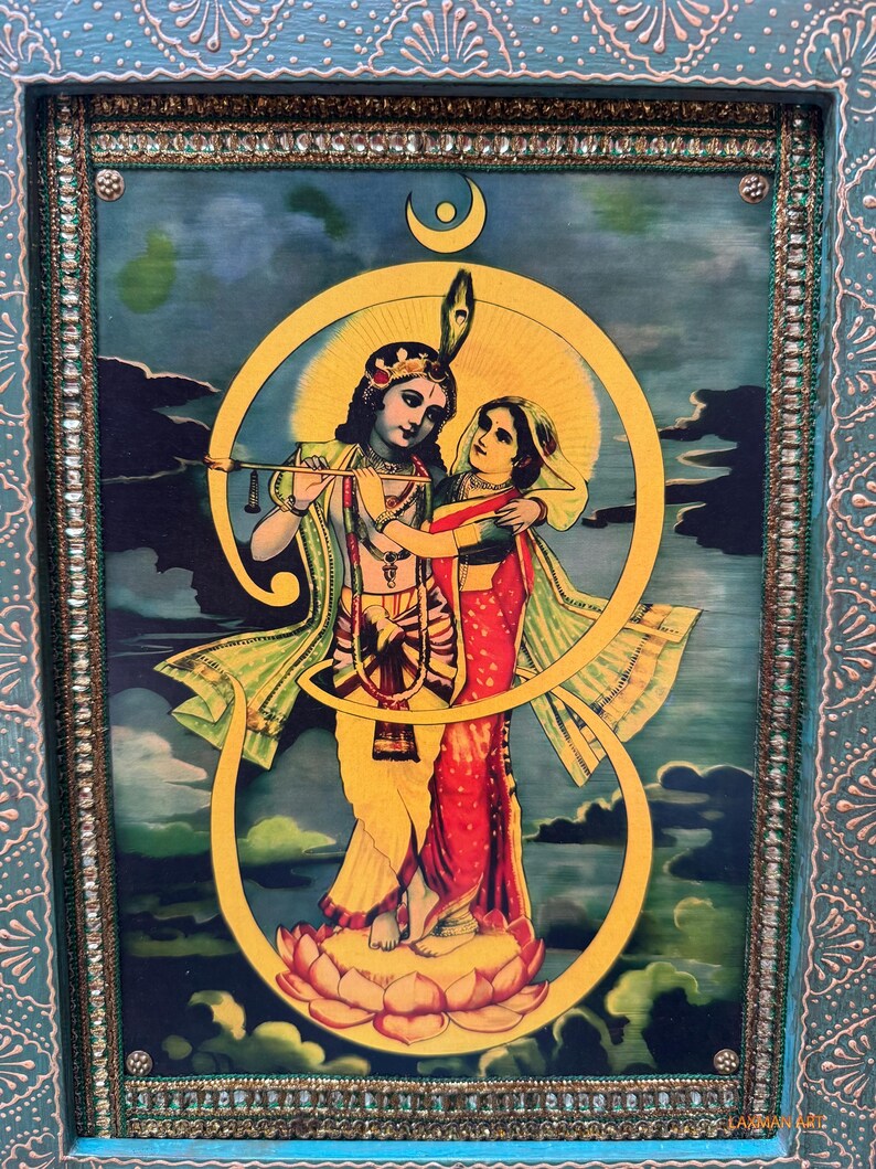 Radha Krishna Picture Frame: Vintage Indian Deities Art, Hand-painted ...