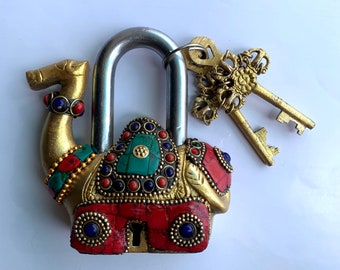 Brass Lock, Camel Shaped lock and key with Stone work, Vintage Indian padlock, Animal shaped padlock and key, Brass Door lock and key