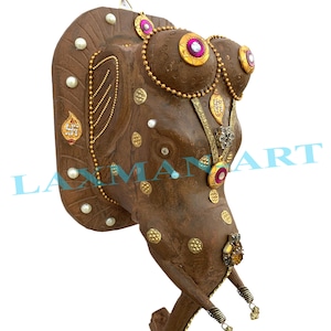 Handmade Wooden Elephant Head Wall Decor: Vintage Brass Jewelry Art
