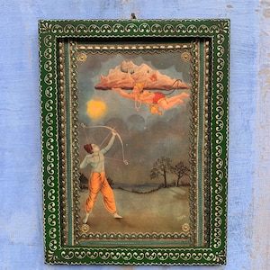 Frame Picture Ram Hanuman, Vintage Indian Deities Photo, God Picture, Wall Art, Wall Hanging, Wooden Wall Decor Painted Photo Frame - 9 x12&quot;