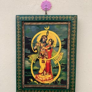 Radha Krishna Photo Frame: Vintage Indian Deities Art, Hand-Painted Wood Frame (9x12&quot;)
