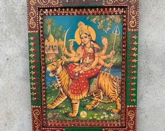 Durga Mata Photo Frame, Ambe Mata Photo Frame, Religious Wooden Painted Frame Old Vintage Collectible Indian Hindu Deity Photo - 8.5 x11.5"