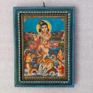 Cadre ancien fait main vintage Bal Krishna, photo vintage Krishna, cadre photo dieu indien avec cadre mural art déco peint à la main - 9 x 12"