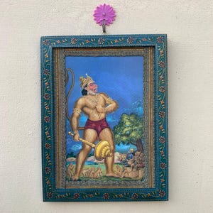 God Frame Hanuman, Bajrangbali Photo, Vintage Indian Deities, God Photo, Wall Hanging, Wooden Wall Decor Picture Painted Frame - 9 x 12&quot;
