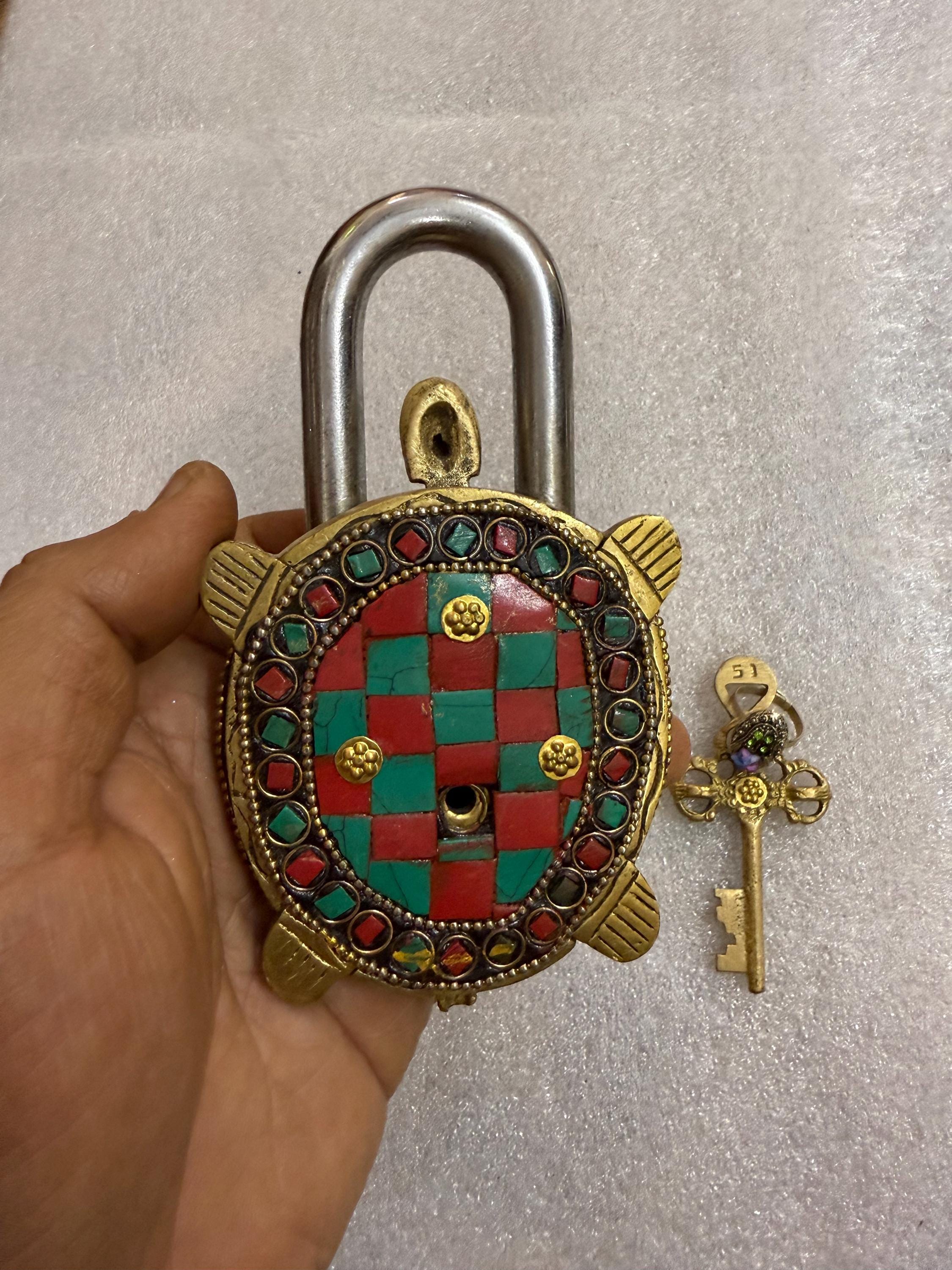Vintage Brass Turtle Lock: Indian Stone Work Padlock With Keys - Etsy