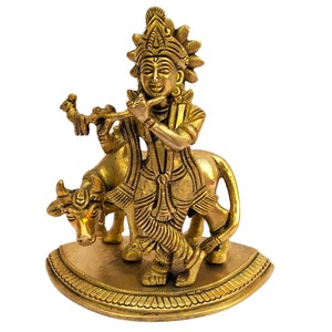 Brass Krishna Statue with Cow: Hindu God Idol, Temple Decor