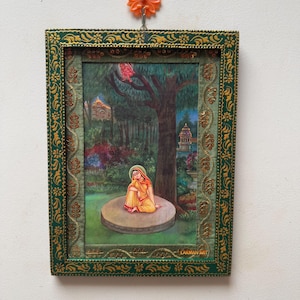 Hanuman And Sita Picture Frame, Bajrangbali Picture, Vintage Indian Deities, God Picture, Wooden Wall Art Decor Photo Painted Frame- 9 x 12&quot;