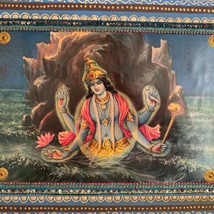 Lord Vishnu Photo, Kurma Avatar Vishnu God, Hindu Religious God Vintage India Picture with Wooden Painted Frame-11.5x8.5 image 5