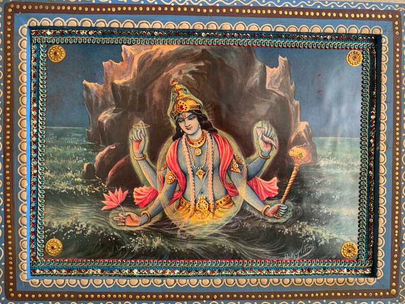 Lord Vishnu Photo, Kurma Avatar Vishnu God, Hindu Religious God Vintage India Picture with Wooden Painted Frame-11.5x8.5 image 5