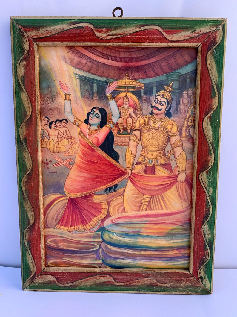 7.5 x 10 Inch Wooden Old Vintage Collectible Draupadi Vastraharan by duryodhana Famous Indian Mahabharat Seen Print Photo Frame