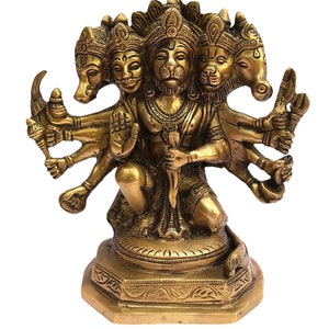 Messing Hanuman ji standbeeld, Panchmukhi Hanuman Standings decoratieve idool Vintage oude sculptuur, Indian Brass Artware voor Home Pooja Tempel