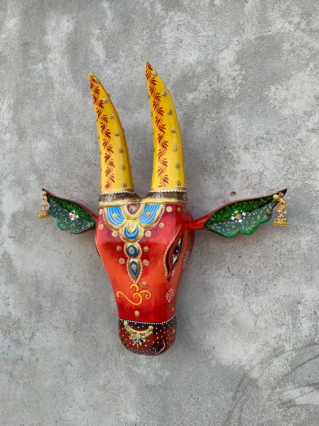 Cow Head, Wooden Painted Indian Nandi Head,modern Wall Art Handmade