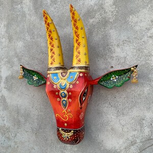 Wall Art Decor, wall hanging, indian wall panel, Cow Head, Wooden Painted Indian Nandi Head, interior decor, Indian handicraft Sculpture,