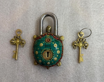 Brass Turtle Lock: Vintage Indian Padlock with Stone Work