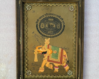 Miniature vintage éléphant : oeuvre d'art indienne encadrée (12 x 16 pouces)