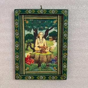 Adi Shankaracharya Photo: Vintage Hindu Saint in Hand-Painted Wooden Frame