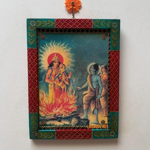 Old India Devotional Art, A scene of Ramayana-The Agni Pariksha (fire test) of Sita, Wooden god poster Handmade painted Art Frame - 9x12&quot;