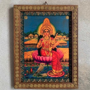 Lakshmi Photo Frame: Vintage Indian Goddess Art, Wooden Wall Decor (8.5x11.5&quot;)