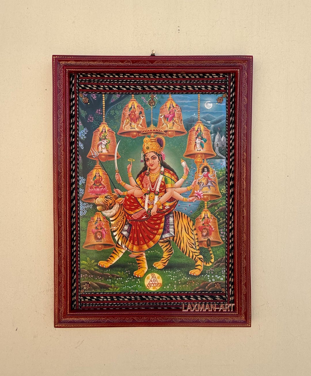 Durga Photo in Hand-painted Wood Frame: Vintage Indian God Art (16x22 ...