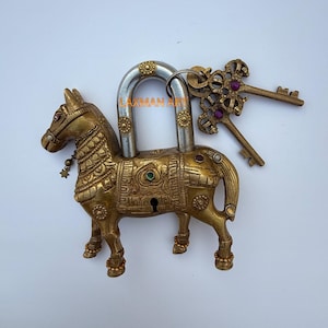 Antique Lock, Horse Design Brass Vintage Lock, Handicraft Art work handmade Padlock, Animal Shaped Lock with key Security Lock