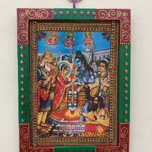 Cadre photo Shiva Parvati, cadre photo fait main Shiv Parvati Vivah/mariage, cadre religieux peint divinité indienne vintage - 30,5 x 30,5 cm