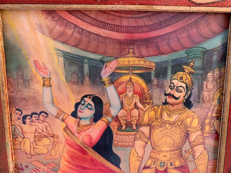 7.5 x 10 Inch Wooden Old Vintage Collectible Draupadi Vastraharan by duryodhana Famous Indian Mahabharat Seen Print Photo Frame