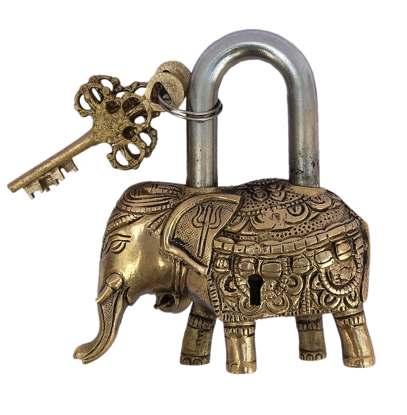 Unique Collectible Combination Door Security Lock with 2 Key Handmade Antique Design Vintage Elephant Shape lock Brass Elephant Lock