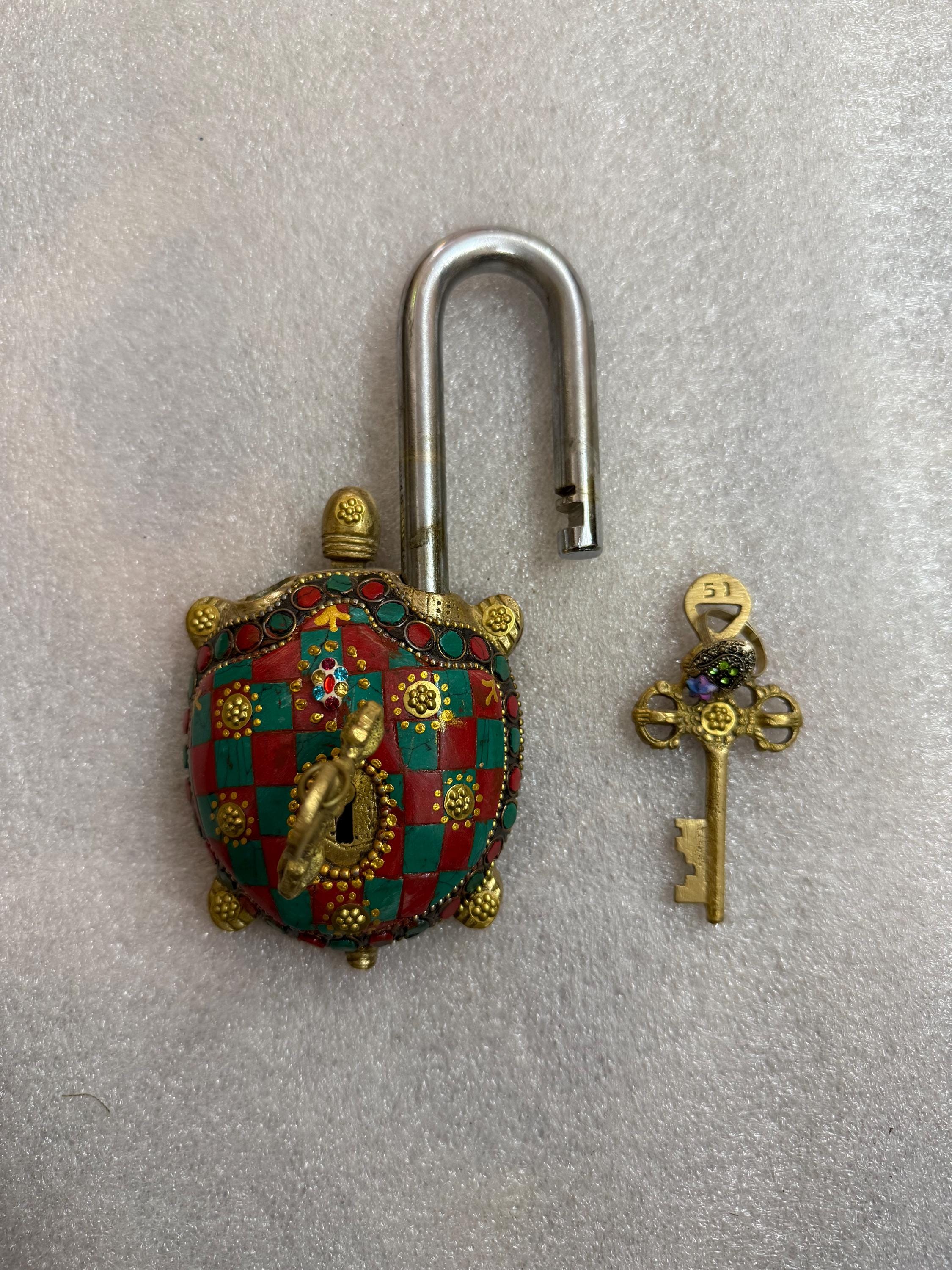Vintage Brass Turtle Lock: Indian Stone Work Padlock With Keys - Etsy