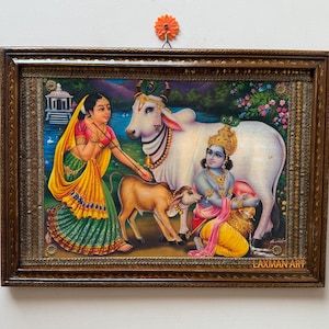 Vintage Krishna and Radha Print in Hand-Painted Wooden Frame