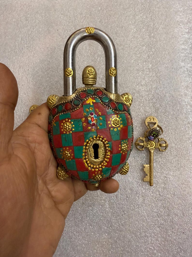 Vintage Brass Turtle Lock: Indian Stone Work Padlock With Keys - Etsy
