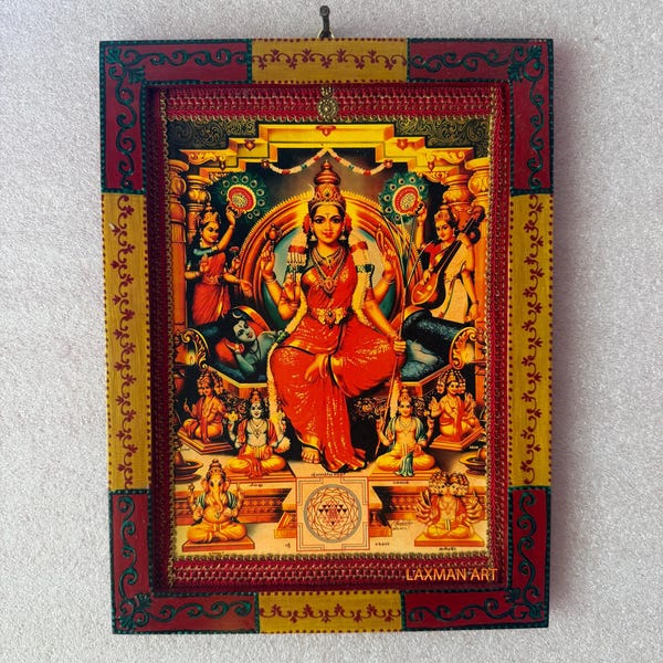 Vintage Ma Lalita Tripura Sundari Photo, Hand-Painted Wooden Frame, Indian Goddess Art (9x12")