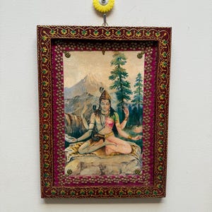 Shiva Parvati Ardhanari Picture Handmade Hindu God Painted Wooden Frame Wall Decor (9x12")