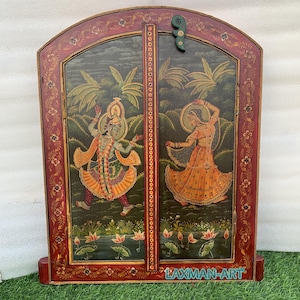 Vintage Radha Krishna Hand-Painted Window Frame: Indian Wall Decor