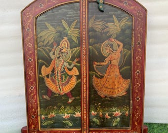 Vintage Radha Krishna Hand-Painted Window Frame: Indian Wall Decor