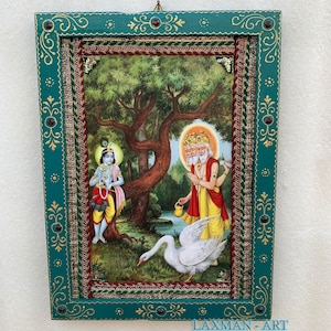 Krishna and Brahma Photo Frame: Vintage Indian Gods Wooden Wall Art (9x12&quot;)