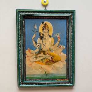 Vintage Shiva Photo in Hand-Painted Wood Frame: Hindu God Wall Art (12 x 16")